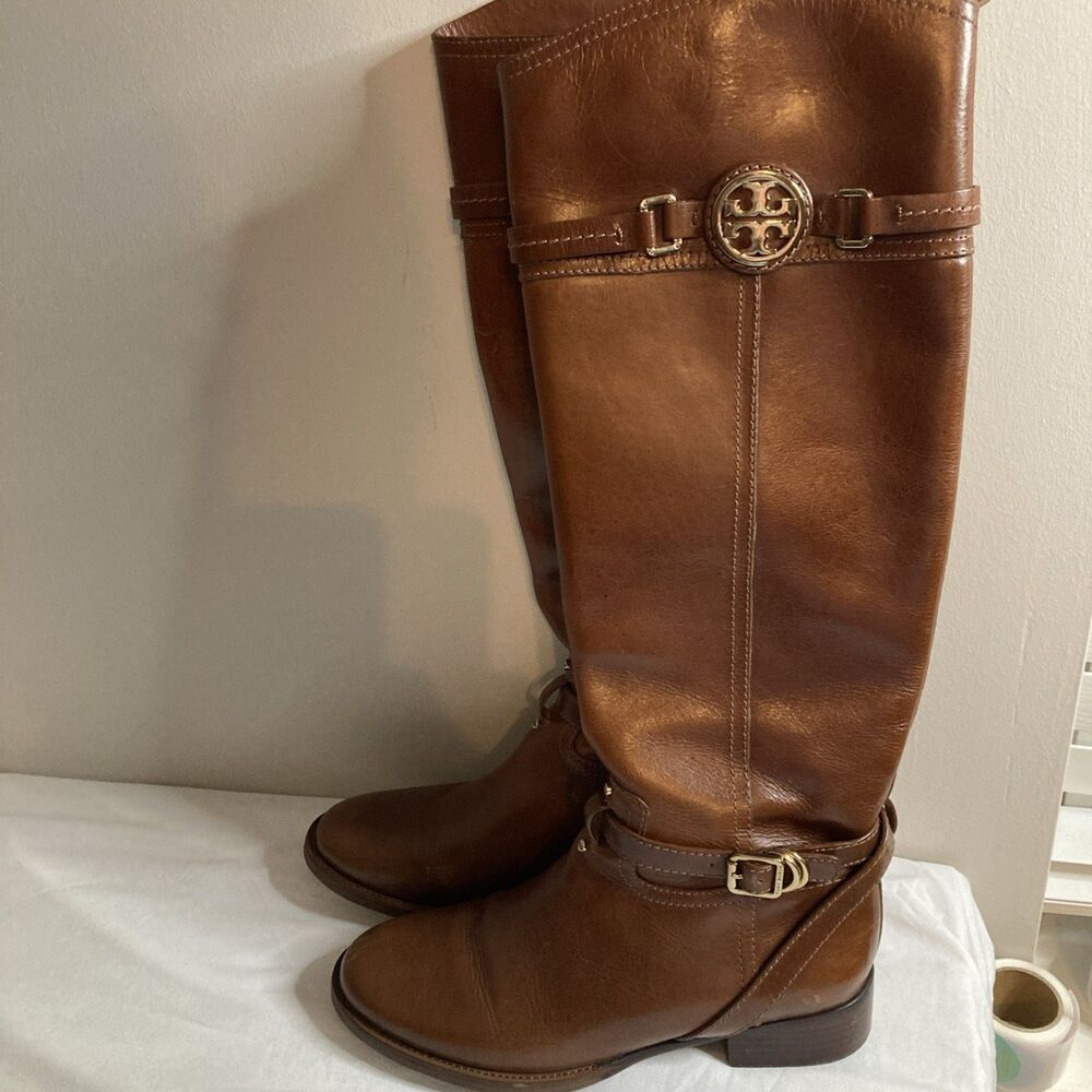 Tory Burch Marlene Tall Riding Boots Leather Brown Embossed Logo womens size 9